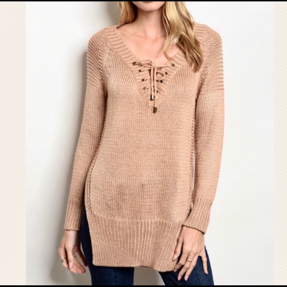 Mazy laced tunic heavy knit sweater - Picture 1 of 8